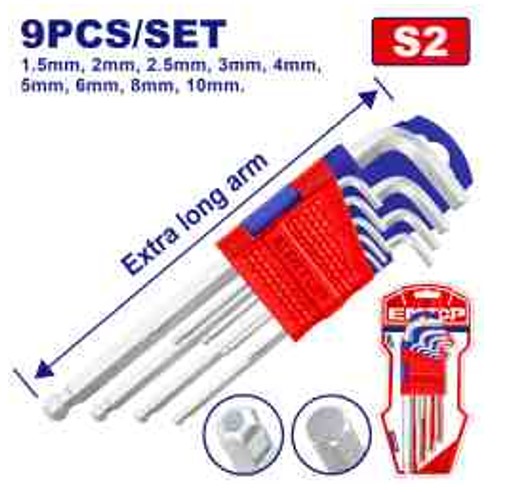 Ball Point Hex Key Set 9pcs, Cr-V, Extra-Long Arm, Chrome Plate, All Sizes